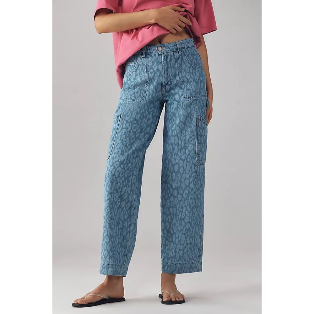 Damson Madder Drew Cargo Jeans Blue Leopard Print Cinch Back Utility Pants‎ US 6
